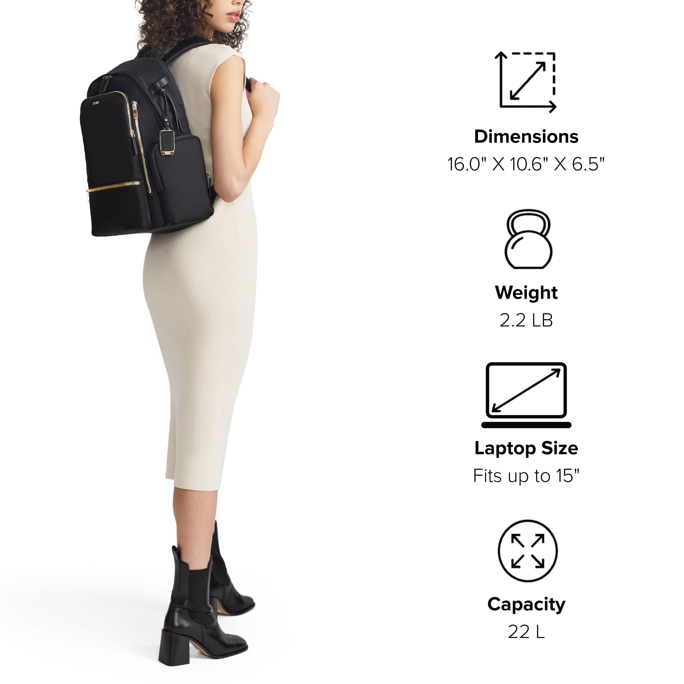 TUMI - Voyageur Celina Backpack - Women's Work and Travel Bag - 16.0" X 10.6" X 6.5" - Holds Up to 16" Laptop - Black & Gold Hardware