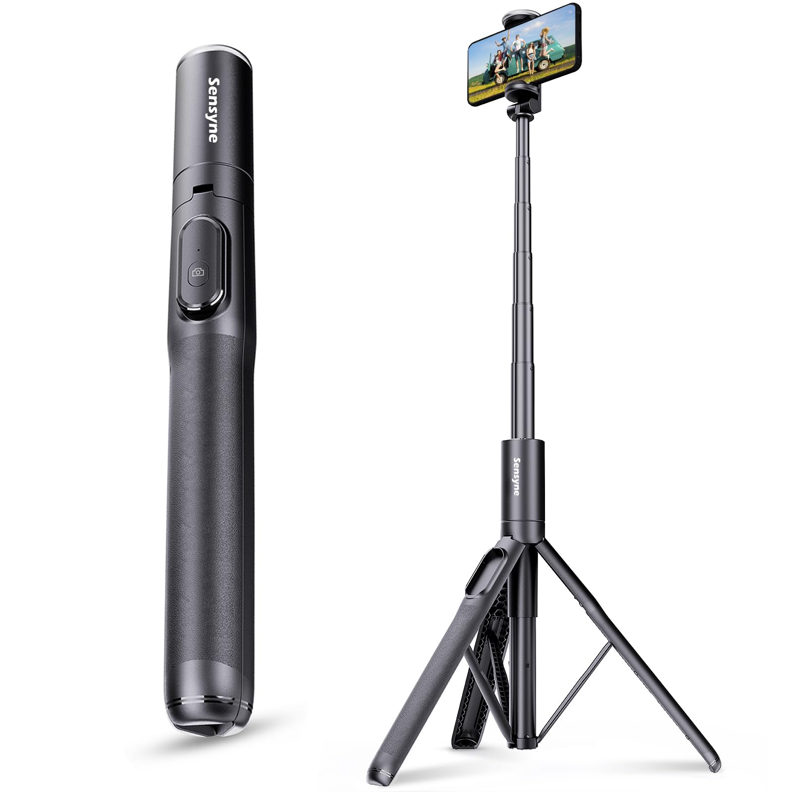 Sensyne 60" Phone Tripod - Selfie Stick, Lightweight All in One Phone Tripod Integrated with Wireless Remote Compatible with All Cell Phones for Selfie/Video Recording/Photo/Live Stream/Vlog（Black）