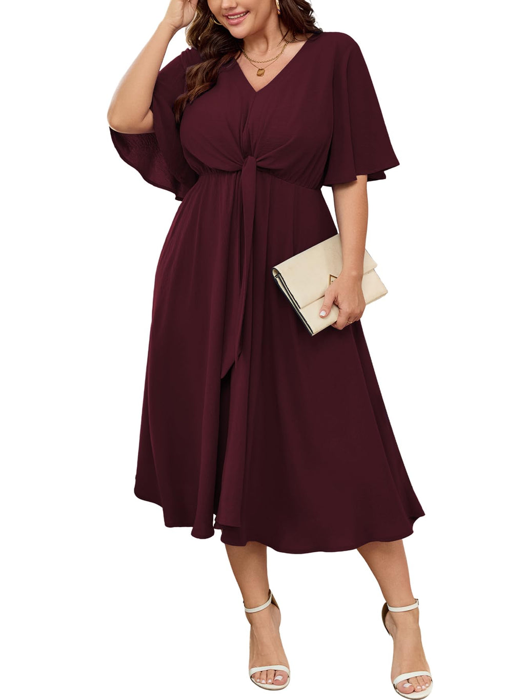 SCOMCHIC Women Plus Size Midi Dresses Wedding Guest Short Sleeve V Neck Tie Waist Casual Summer Flowy A Line Dress