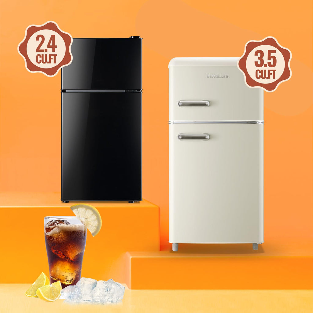 DEMULLER Mini Fridge with Double Doors Small Refrigerator with Separate Freezer & 7 Adjustable Temperature Control, Tiny Size & Personal Fridge Ideal for Office Apartment Dorm Black