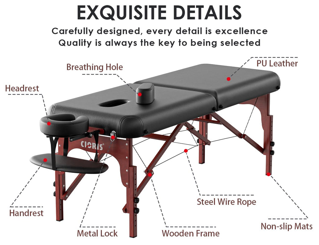 CLORIS 84" Professional Massage Table Portable Reinforced Wooden Leg 2 Folding Lightweight Spa Salon Tattoo Massage Bed Height Adjustable Hold Up to 1100LBS with Carrying Bag Black