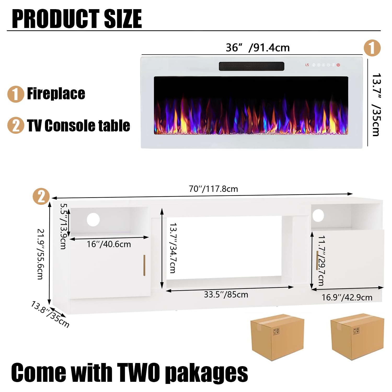 VITESSE 58 Inches Fireplace TV Stand for TVs up to 65 Inches Console with 18'' Electric Fireplace & Remote,Wooden Modern Entertainment Center for Living Room with LED Light Glass Shelves（Bei）