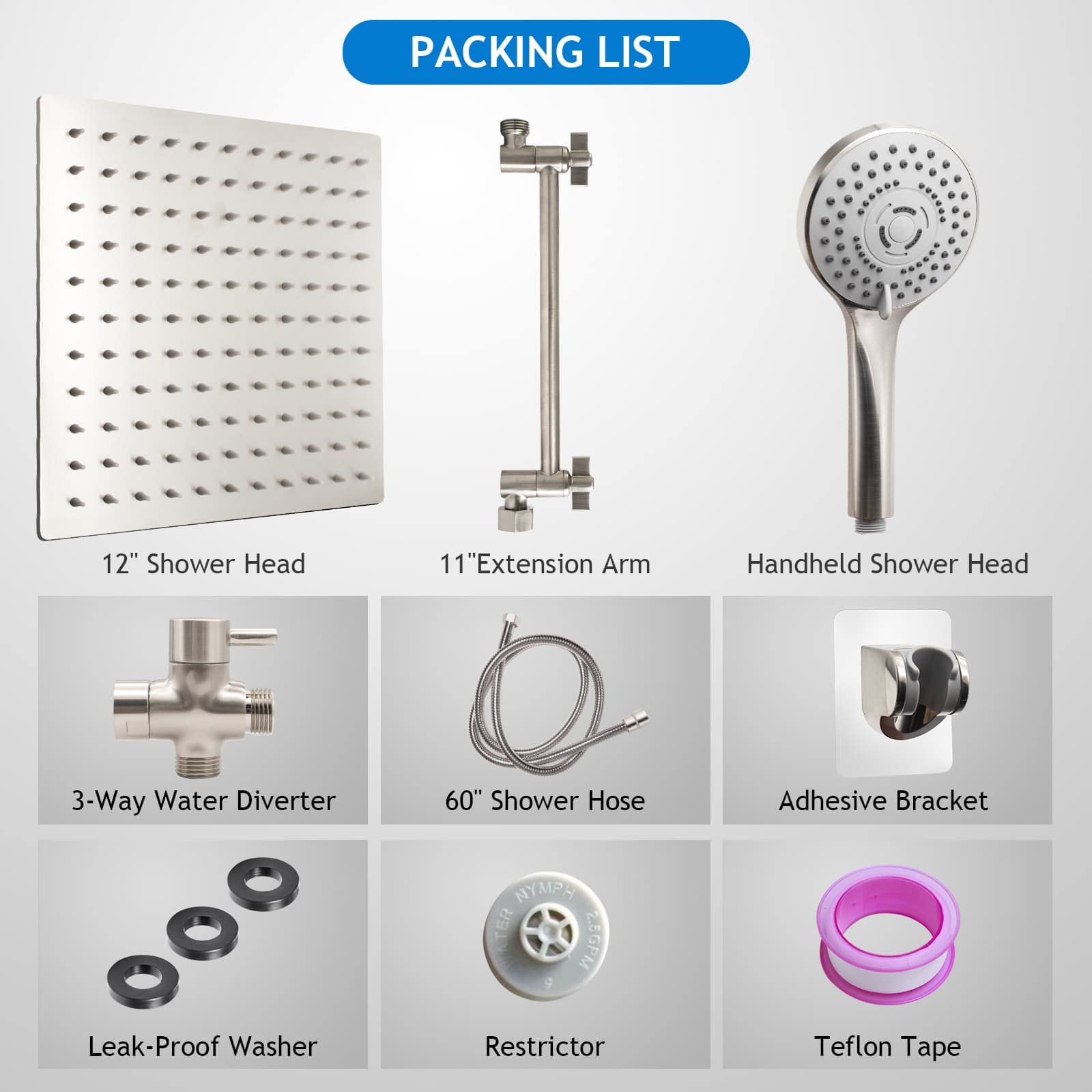 Shower Head Combo(Brushed Nickel),8 Inch High Pressure Rain Shower Head with 11 Inch Adjustable Extension Arm and 5 Settings Handheld Shower Head Combo,Powerful Shower Spray Against Low Pressure Water