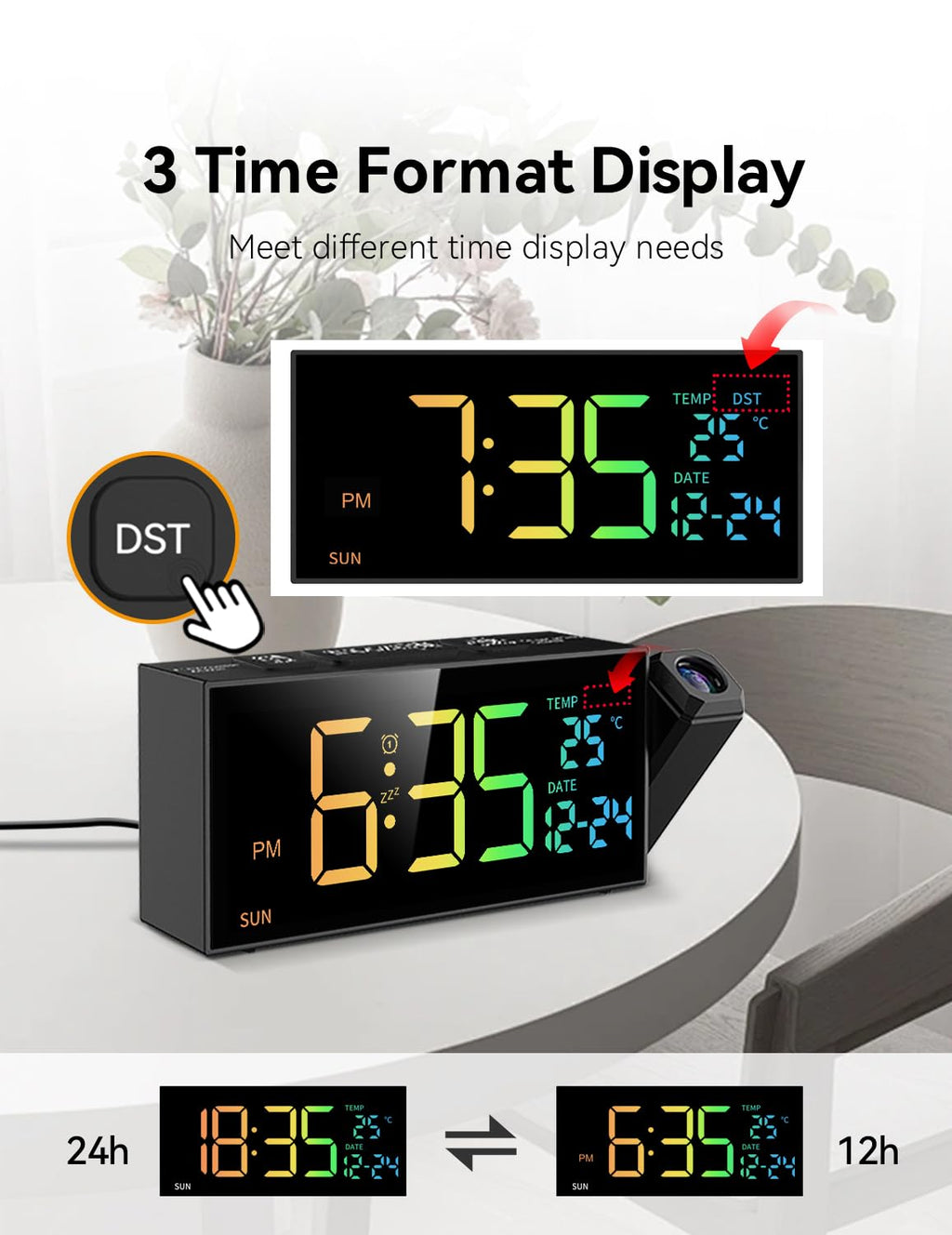 Netzu Projection Clock for Bedroom Ceiling, Alarm Clocks with 180° Rotatable Projector, Date Temperature and Weekday, Manual DST, 5 Brightness, 10 Ringtones, 4 Volumes and Snooze (Black)