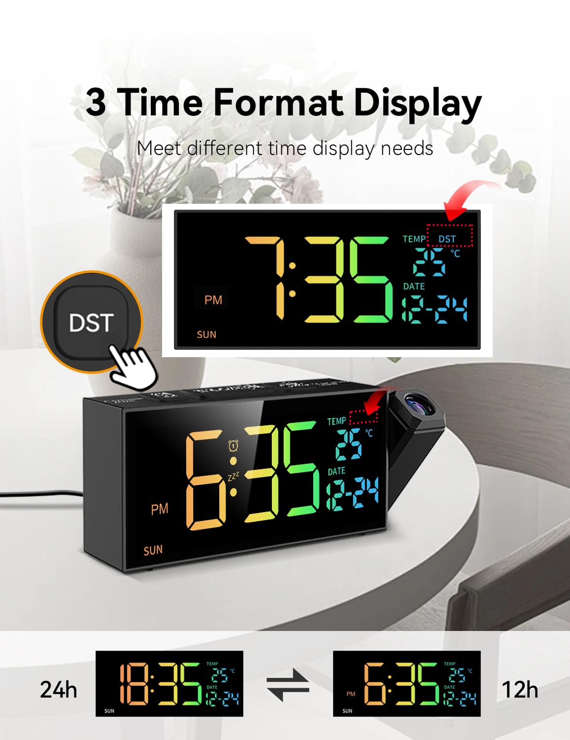 Netzu Projection Clock for Bedroom Ceiling, Alarm Clocks with 180° Rotatable Projector, Date Temperature and Weekday, Manual DST, 5 Brightness, 10 Ringtones, 4 Volumes and Snooze (Black)