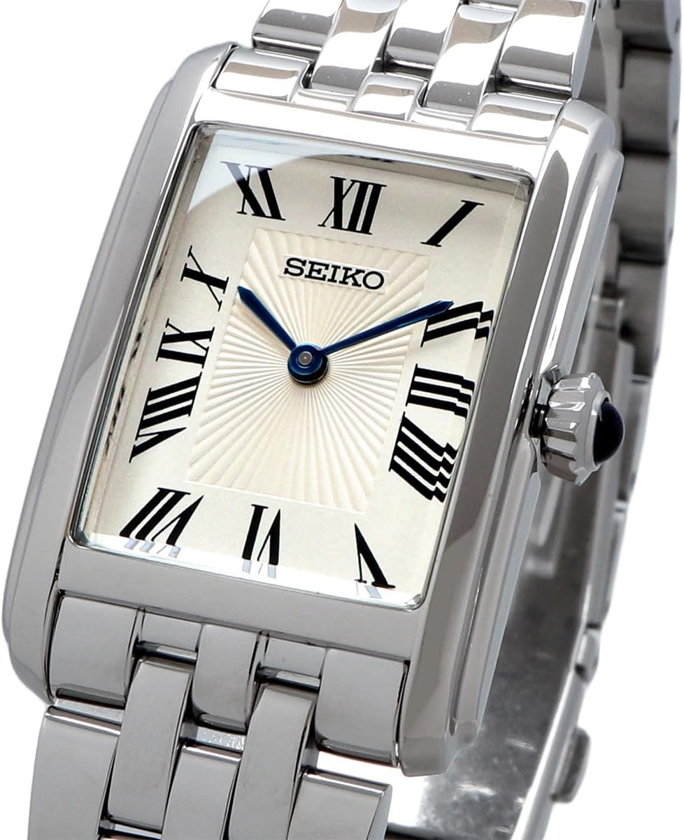 Seiko SWR083 Rectangular Watch - Essentials Collection - Roman Numeral Dial, Blue Hands, Stainless Steel Bracelet, and 50m Water Resistance