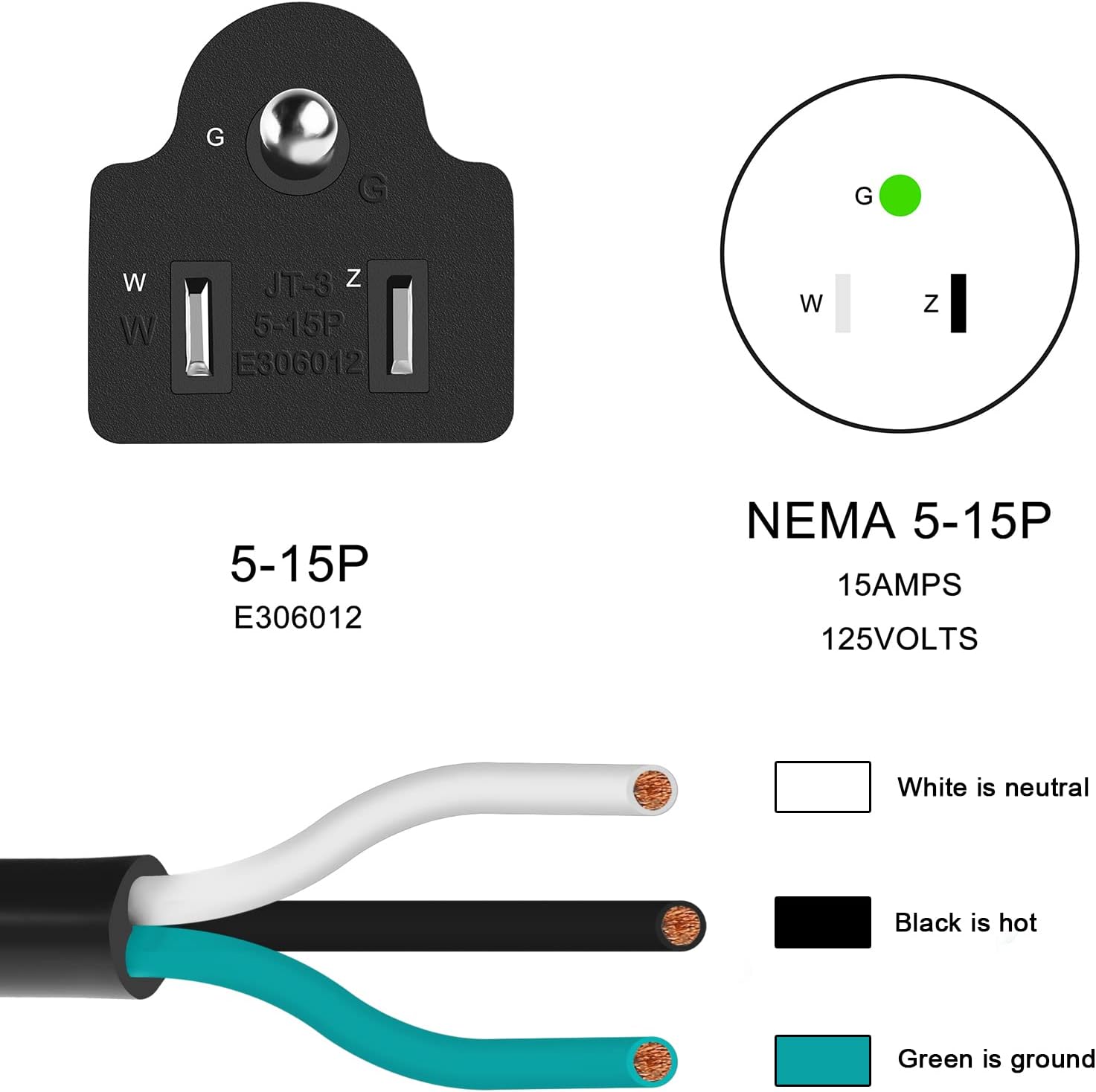 25 FT 14 AWG 3 Prong Replacement Power Cord, 15 Amp 14 Gauge 3 Conductor Wire Extension Cable with Pigtail Open Wiring End.
