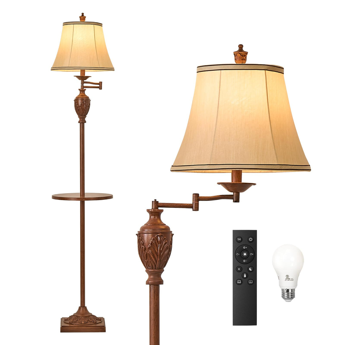 Traditional LED Floor Lamp with 350° Adjustable Swing Arm Lamp – Vintage Standing Pole lamp for Living Room, Bedroom and Office – Rustic Upright Floor Light for Home Décor with Silk Fabric Shade