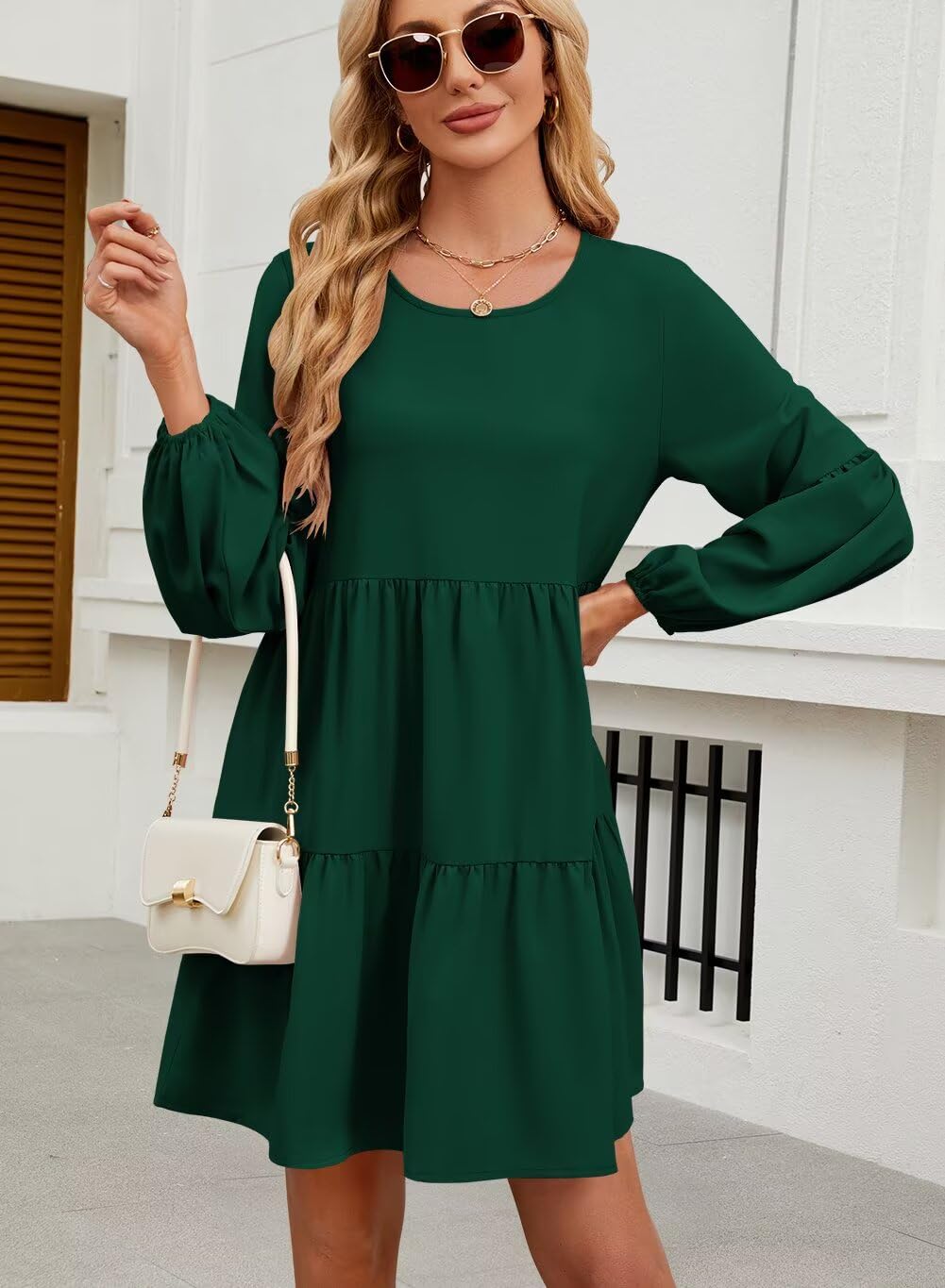 QACOHU Falll Dresses for Women 2026 Crew Neck Long Lantern Sleeve Casual Loose Flowy Swing Shift Dress