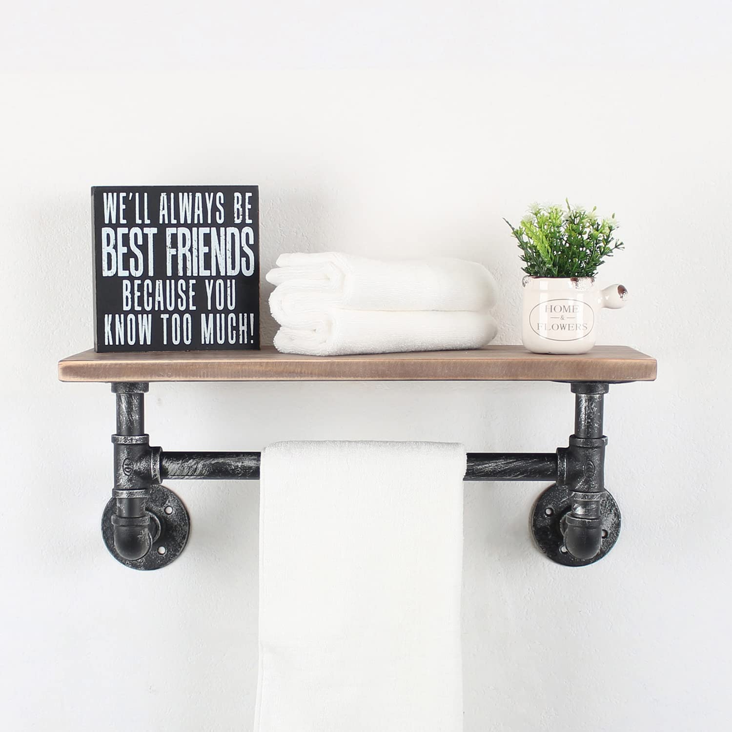 MBQQ Industrial Pipe Shelf Bathroom Shelves Wall Mounted,19.6in Rustic Wood Shelf with Towel Bar,1 Tier Farmhouse Towel Rack,Pipe Shelving Floating Shelves Towel Holder,Black & White