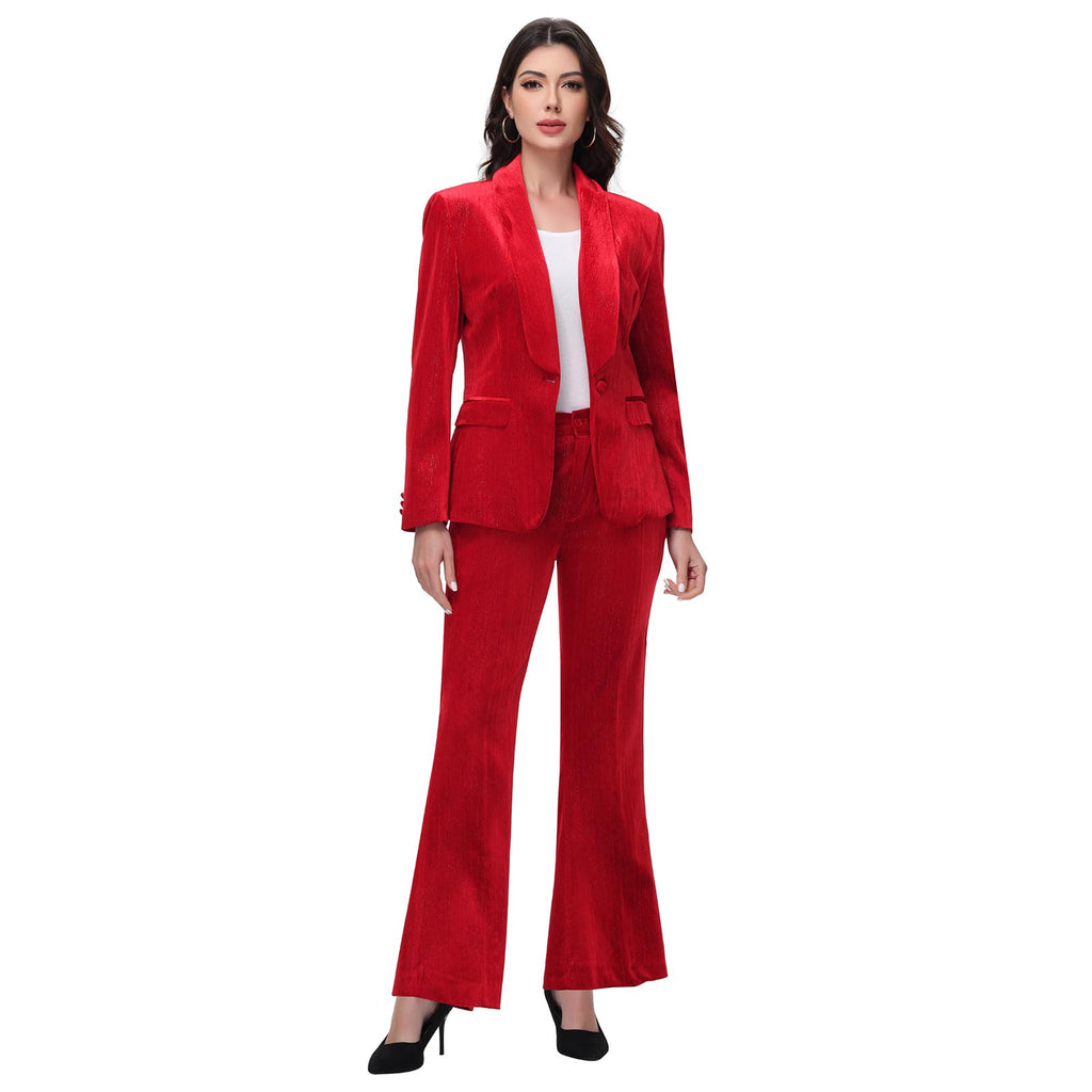 Lamgool Women Pantsuit Dressy Silver Thread Velvet 2 Piece Suit Set Blazer and Flared Pants
