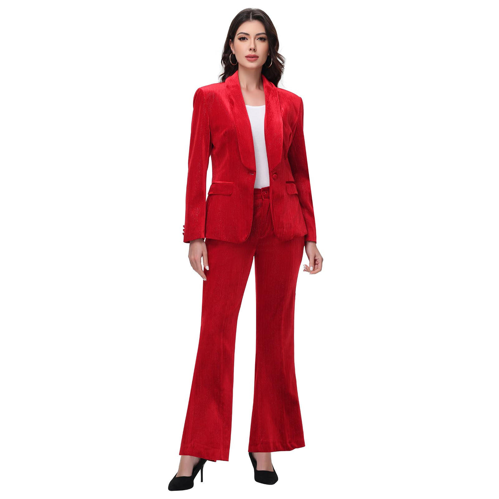 Lamgool Women Pantsuit Dressy Silver Thread Velvet 2 Piece Suit Set Blazer and Flared Pants