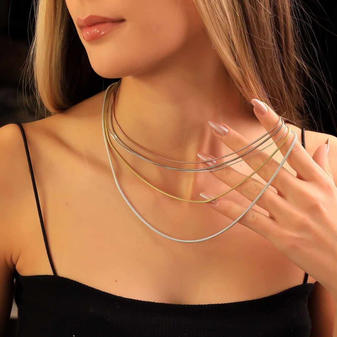 BERISO 14K Gold/Silver Plated Choker Necklace for Women Shining Dots Station Gold Chain Necklace Beads Sparkle Chain Necklace Link Chain Exquisite Jewelry for women