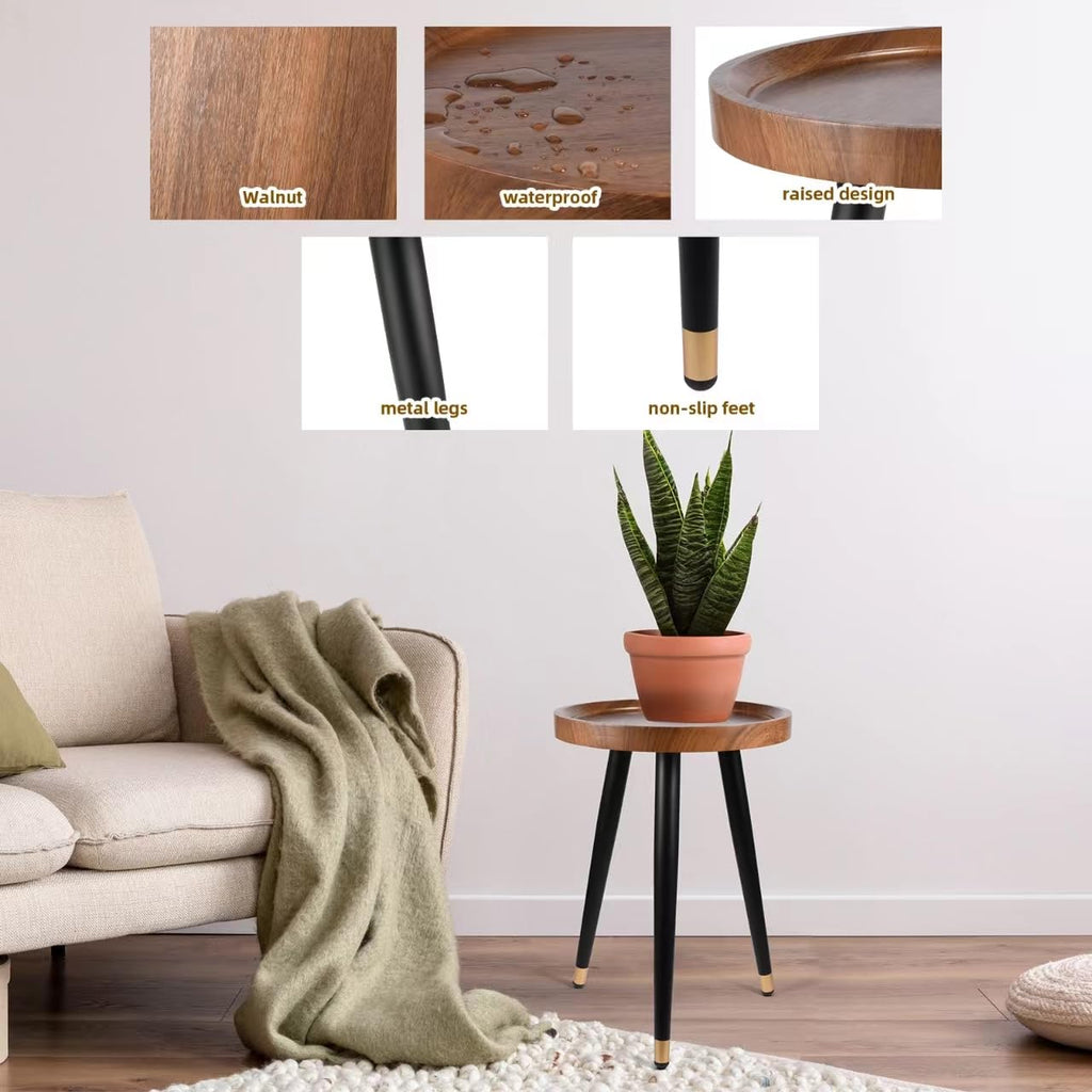 KGPLOME Plant Stand Indoor,Mid Century Walnut Wood Plant Table, Heavy Duty Metal Tall Flower Pot Stand,Modern Round Small Side End Table With Raised Design(12"x17")