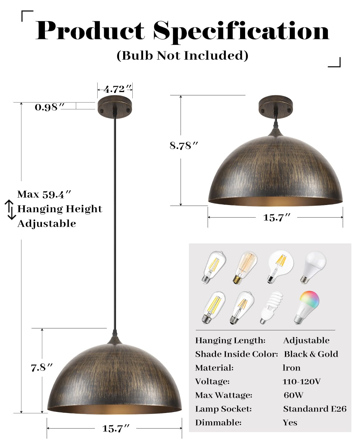 White Pendant Lights, 11.8 inch Pendant Lights Kitchen Island, Farmhouse Pendant Light Fixtures (White Inside), Industrial Pendant Lighting for Dining Room, Bedroom, Hallway (1 Pack)