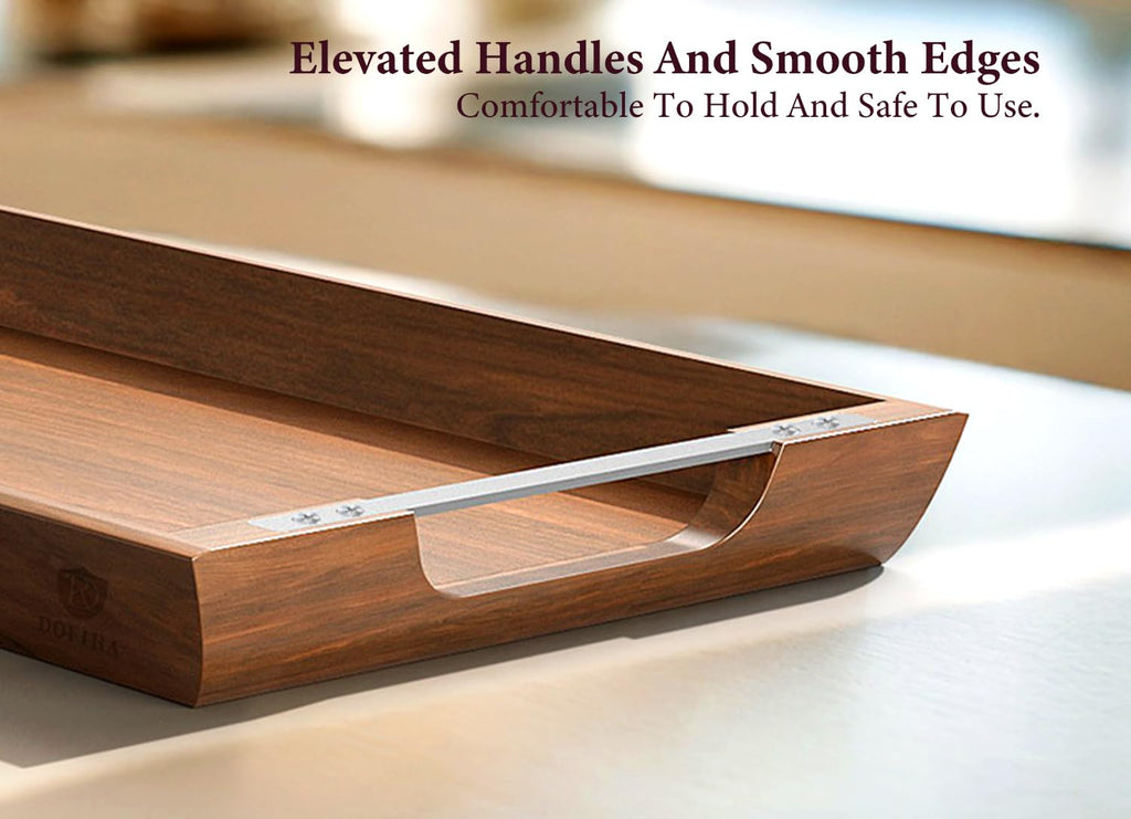 Acacia Wood Serving Tray with Metal Handles, 17x13in Food Drinks Tray for Coffee Table, Breakfast, Dinner & Bar, Rustic Decorative Storage Tray for Ottoman, Kitchen, Elegent Gift for Father