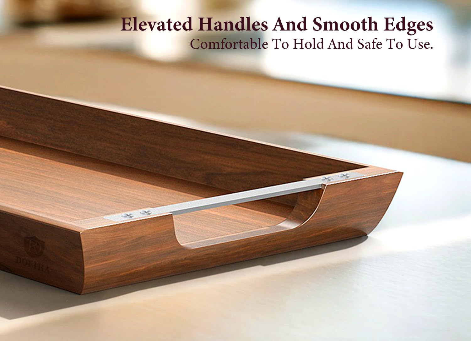 Acacia Wood Serving Tray with Metal Handles, 17x13in Food Drinks Tray for Coffee Table, Breakfast, Dinner & Bar, Rustic Decorative Storage Tray for Ottoman, Kitchen, Elegent Gift for Father