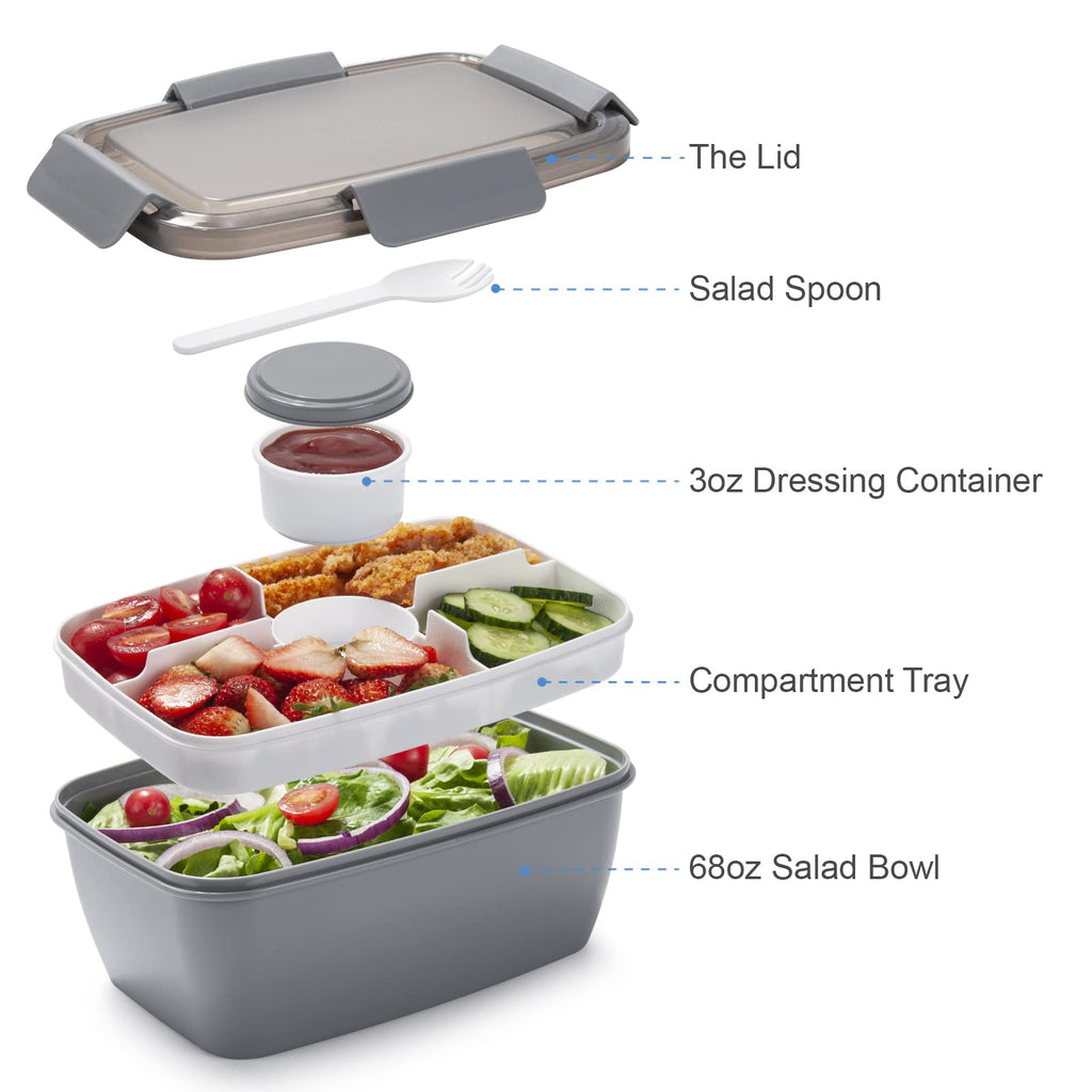 Freshmage Salad Lunch Container To Go, 52-oz Salad Bowls with 3 Compartments, Salad Dressings Container for Salad Toppings, Snacks, Men, Women (Blue)