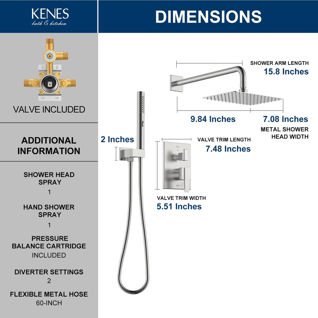 KENES Brushed Nickel 10-Inch Shower Head and Handle Set, Square Shower Faucet Set Bathroom Rainfall Shower System Wall Mount, KE-6024B (Shower Valve Included)