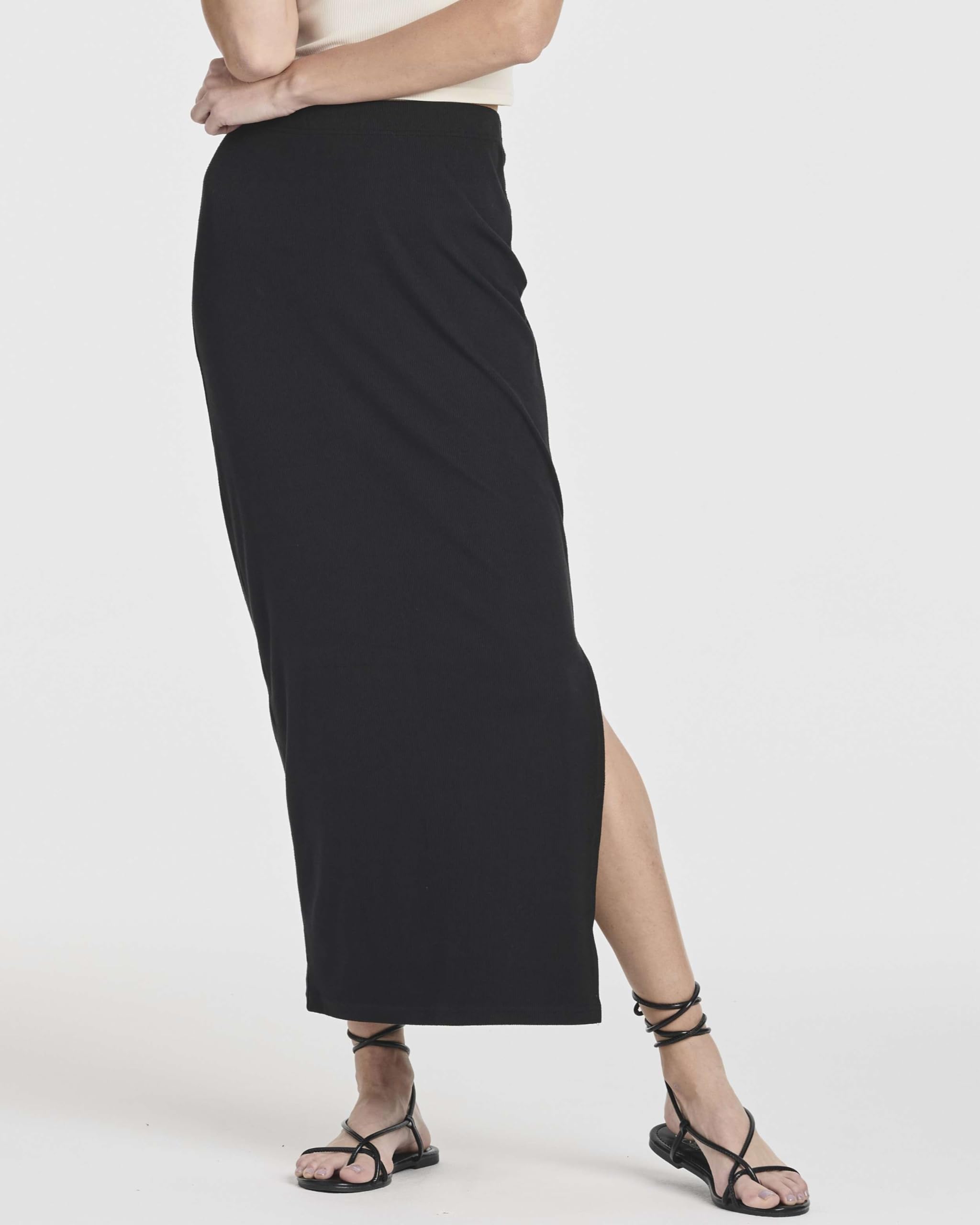 Real Essentials 3 Pack: Women's Ribbed High Waisted Maxi Skirt with Side Slit - Casual Long Pencil Skirt