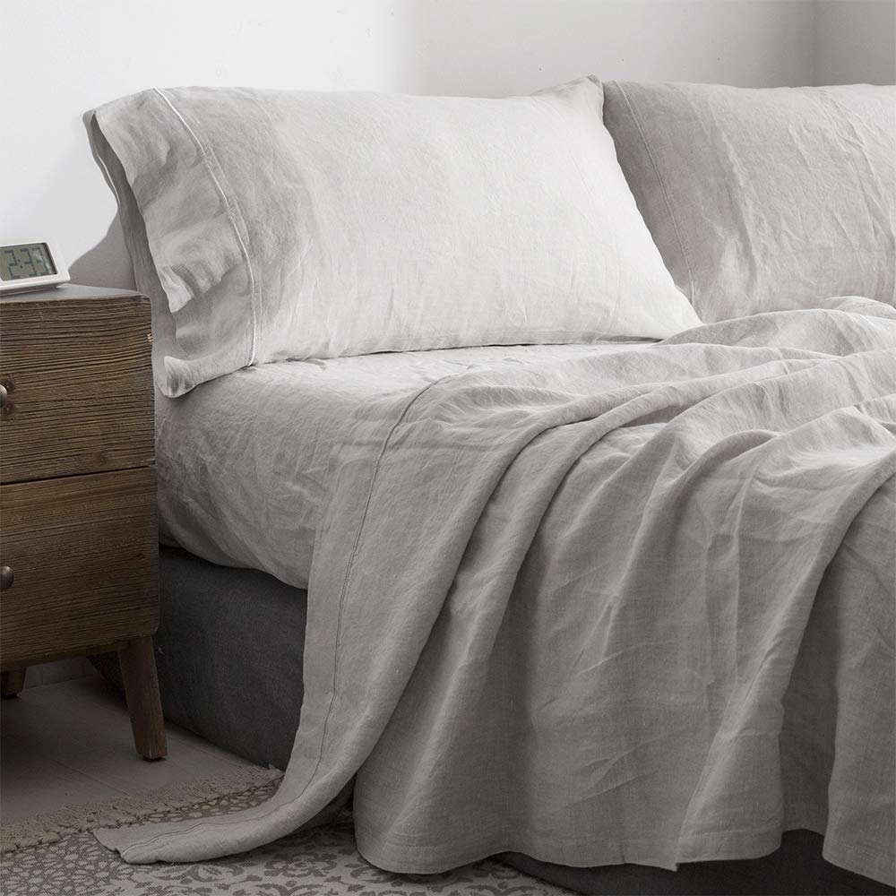 Simple&Opulence 100% Pure Linen Sheet Set Twin Size, Natural French Flax Solid Color 3 Pcs Washed Breathable, Farmhouse Bedding (1 Flat Sheet,1 Fitted Sheet,1 Pillowcase)-Embroidery Dark Grey