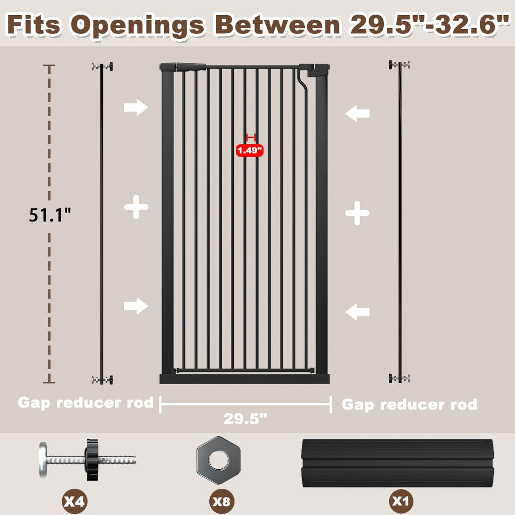 Fairy Baby 51.1" Extra Tall Pet Gate, 29.5"-32.6" Adjustable Width Auto Close Encrypted Tall Dog Gate, Cat Proof Metal Gate Indoor for Doorway Hallways, Pressure Mounted Child Safety Gates, Black