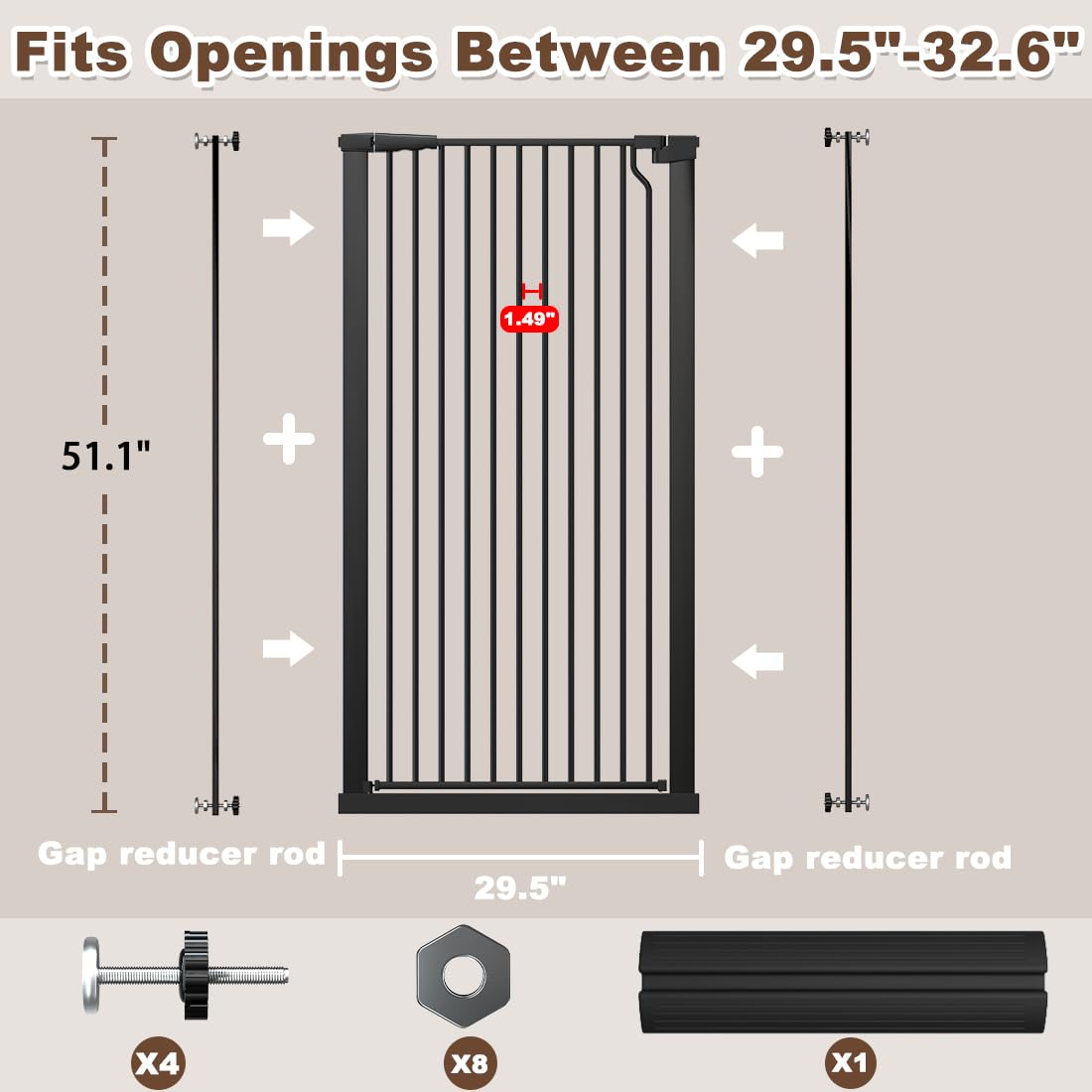 Fairy Baby 51.1" Extra Tall Pet Gate, 29.5"-32.6" Adjustable Width Auto Close Encrypted Tall Dog Gate, Cat Proof Metal Gate Indoor for Doorway Hallways, Pressure Mounted Child Safety Gates, Black