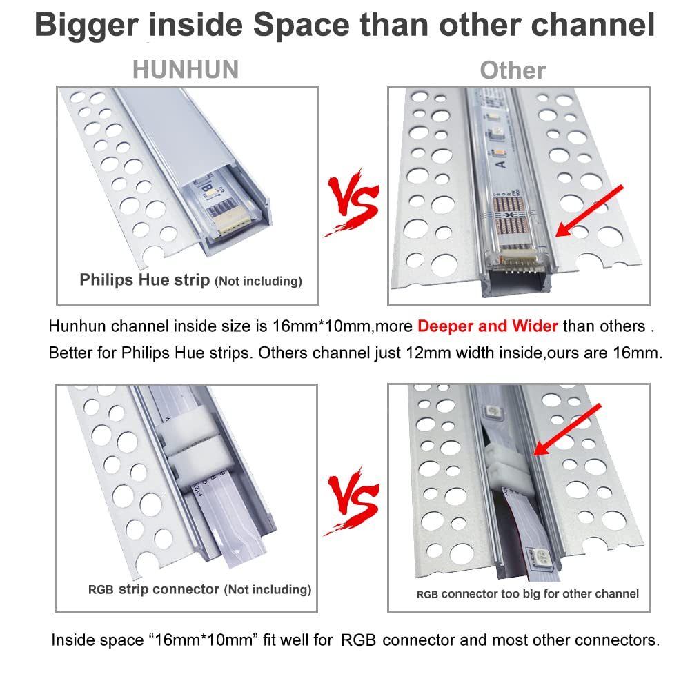 hunhun 10-Pack6.6ft/2Meter Drywall LED Aluminum Channel System with Milky Cover, End Caps and Mounting Clips, Aluminum Profile for LED Strip Light Installations (Single-Edge-6.6ft, 10)