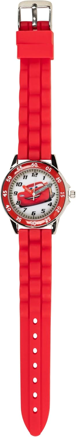 Disney Pixar Cars Kids' Time-Teaching Watch – Lightning McQueen Design with Red Silicone Strap, Easy-to-Read Dial, and Adjustable Fit for Wrists 5.5" to 8"