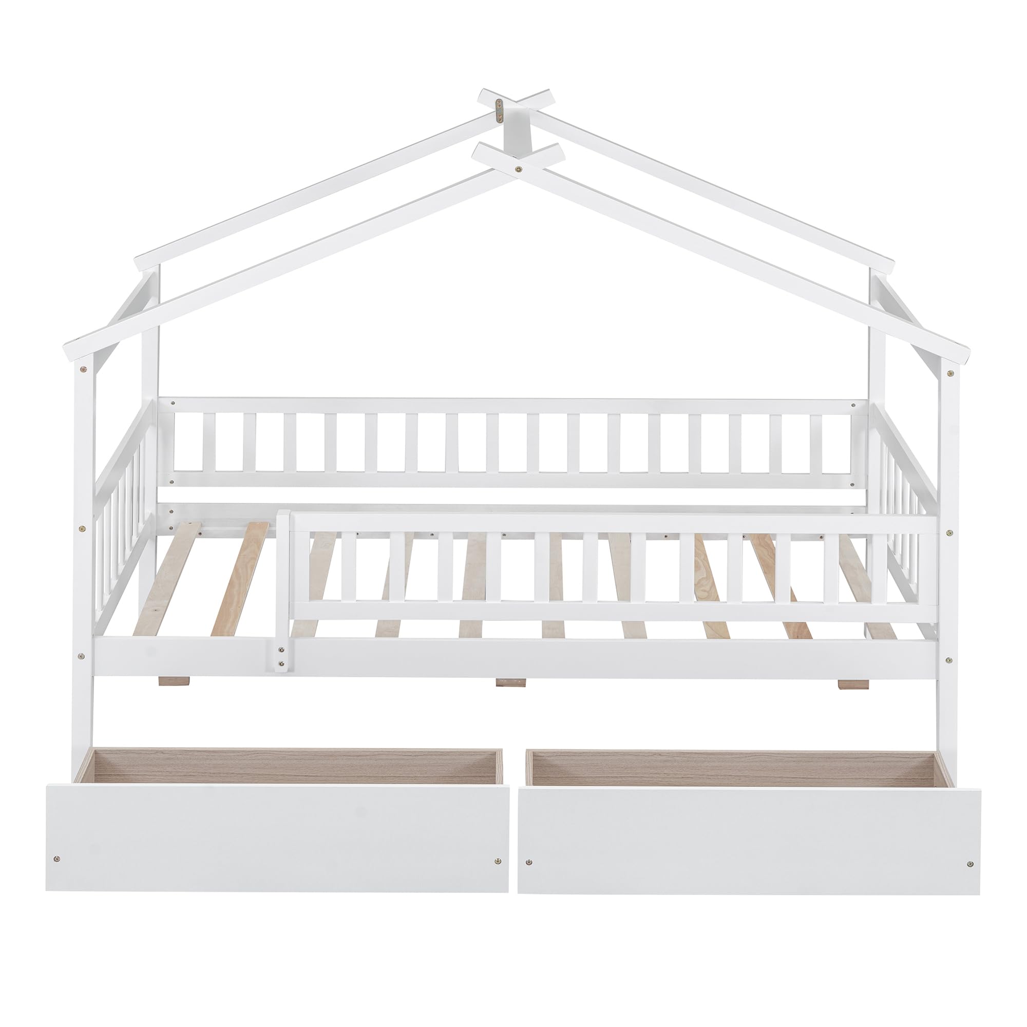 Merax Twin Size Wooden House Bed with Two Drawers, Wood Bed Frame with Roof for Kids, Teens, Boys or Girls, Grey