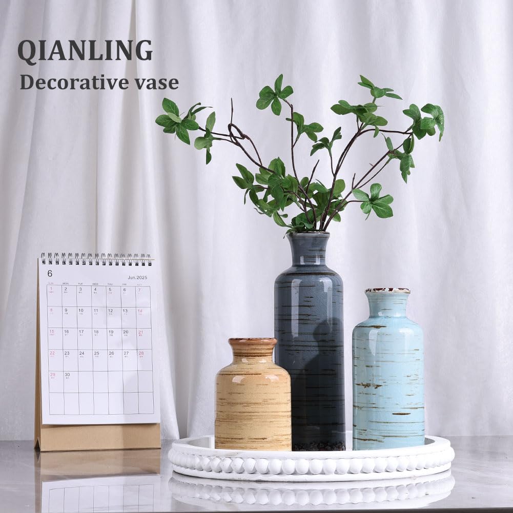 Ceramic Vase Set - 3 Ceramic Small Vases, Farmhouse Country Flower Vase Home Decor, Living Room Decoration, Table Decoration, Fireplace Decor, and Entrance Decorations Centerpieces
