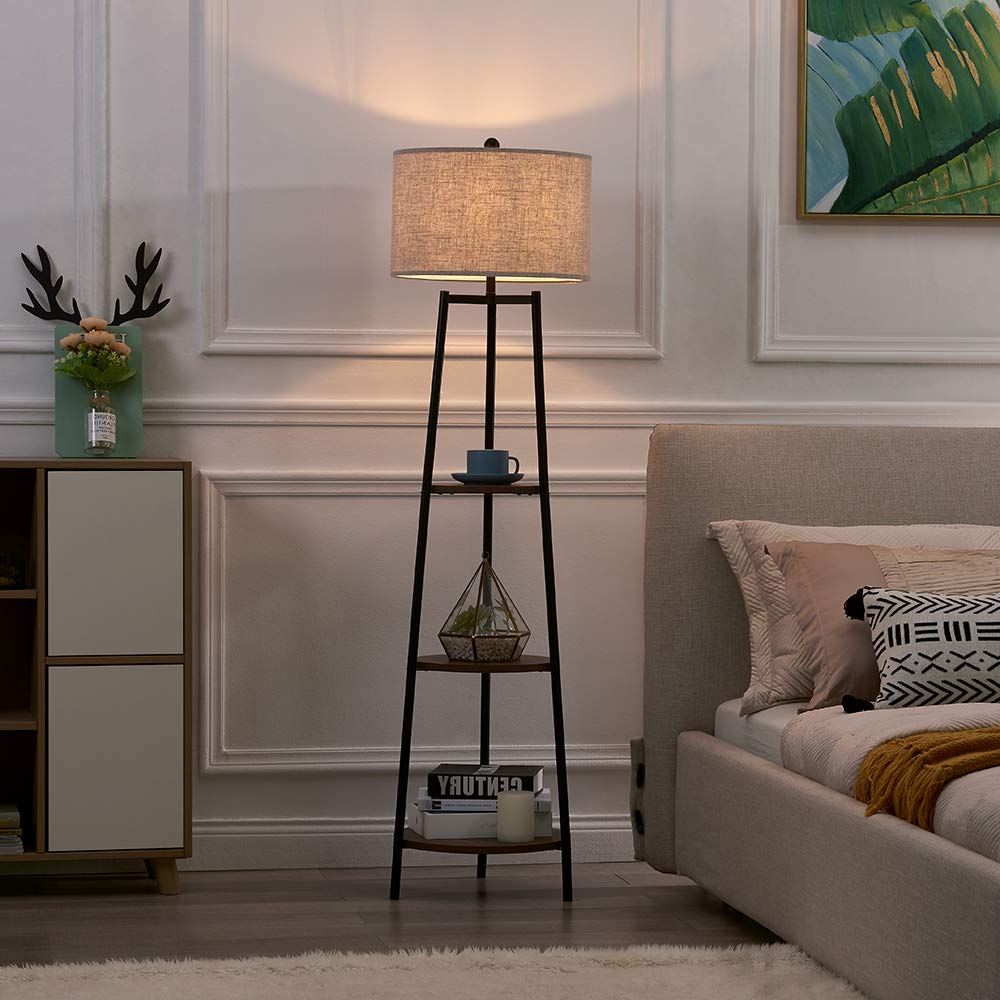ROSEN GARDEN Floor Lamp, Standing Reading Light with Shelves and Fabric Shade, Modern Tall Pole Lamp, Accent Furniture Décor Lighting for Living Room, Bedrooms (Gold, 4-Tier)