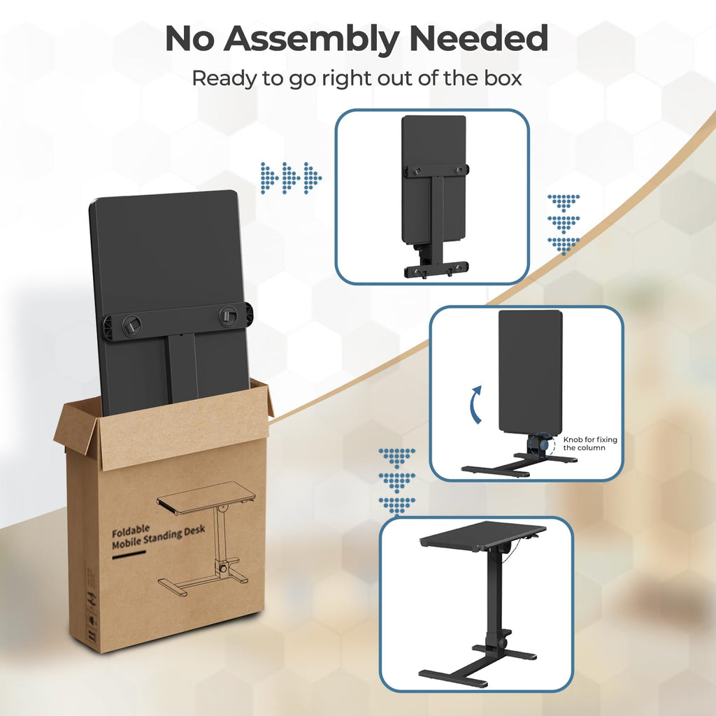 Foldable Mobile Standing Desk, 27 Inch Small Rolling Laptop Cart Height Adjustment, 90° Tiltable Sofaside Table, No Assembly Needed Portable Computer Workstation, Black