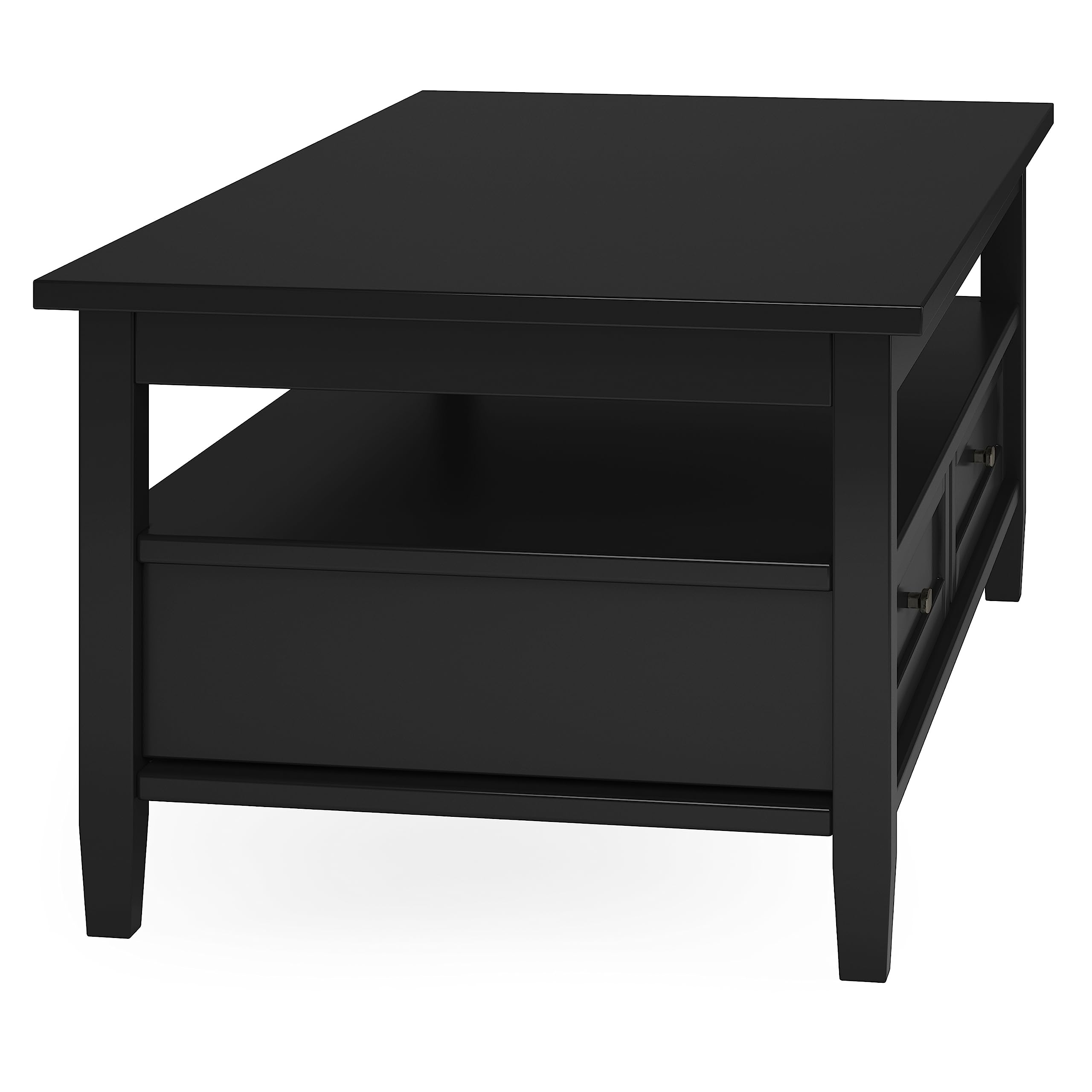 SIMPLIHOME Warm Shaker Coffee Table - 48 inch Wide Solid Wood Coffee Table in Black, Transitional Living Room Table with 2 Drawers, Open Shelf, Shaker Fronts and Tapered Legs