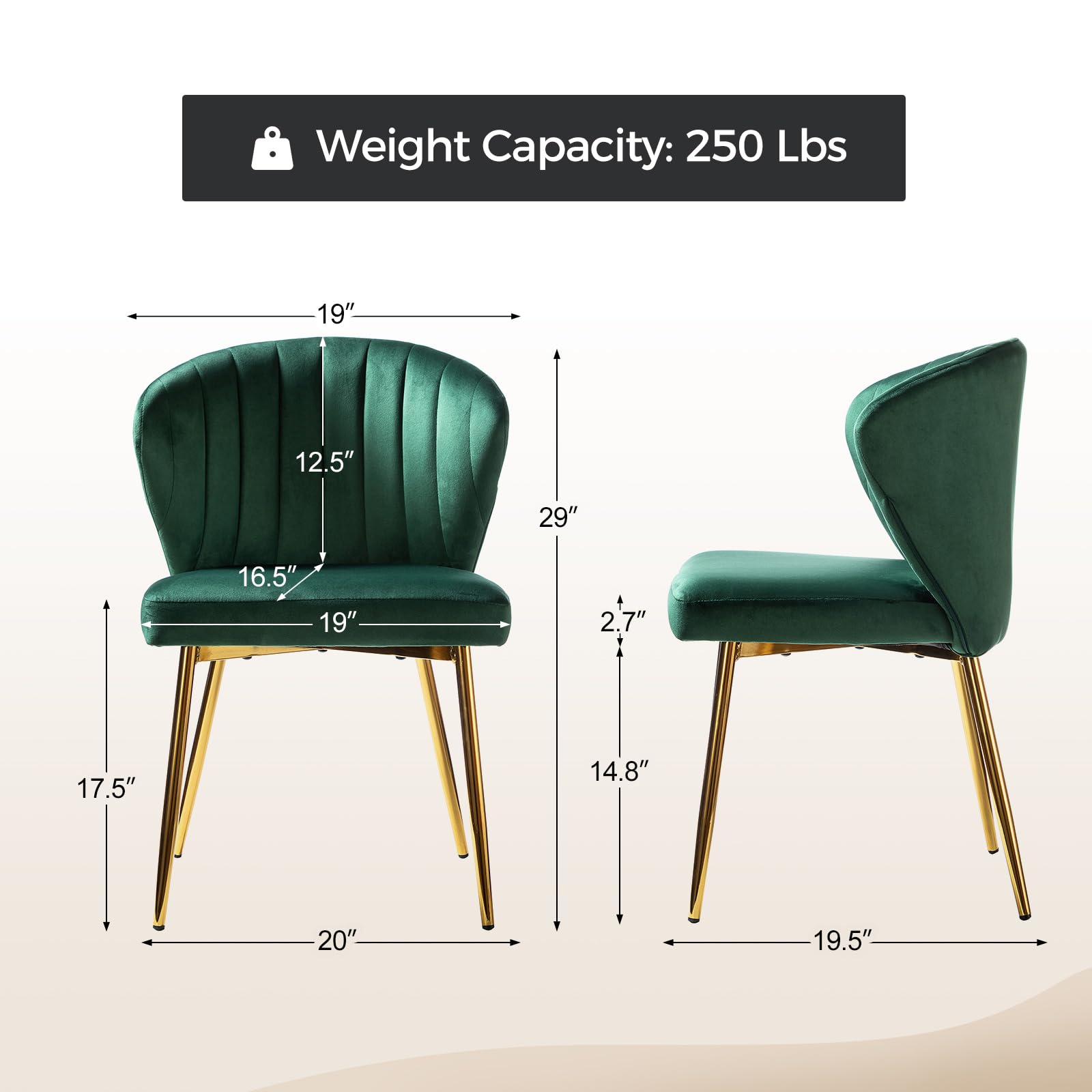 HULALA HOME Velvet Dining Chairs, Modern Small Armless Accent Chair with Gold Metal Legs, Living Room Upholstered Cute Side Chair, Elegant Tufted Back Vanity Chair for Bedroom, Auburn
