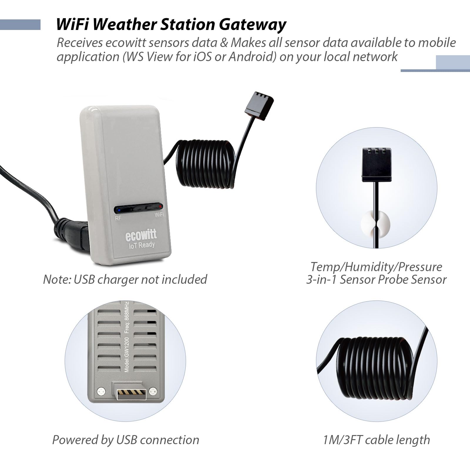 ECOWITT GW1206 Soil Moisture Tester Kit, Includes GW1200 IoT Wi-Fi Gateway and WH51 Soil Moisture Sensor, 915 MHz