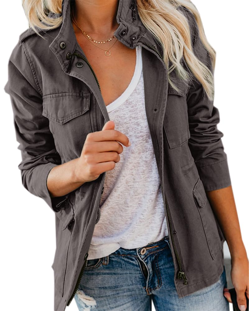 Soulomelody Women Military Anorak Jackets Zip Up Snap Buttons Parka Safari Utility Coats Outwear with Pocket