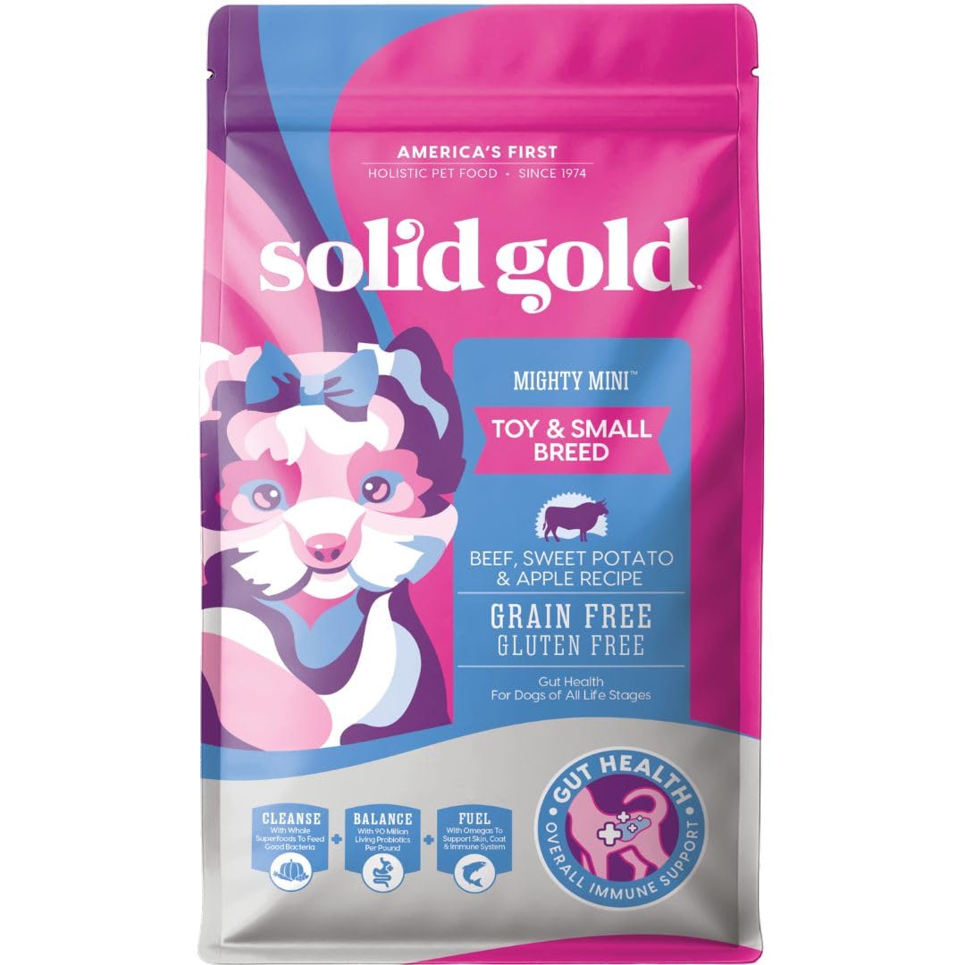 Solid Gold Toy & Small Breed Dry Dog Food Small Bites – Real Beef, Grain Free, Gluten Free, High Fiber Kibble with Probiotics for Gut Health & Digestion Support – Healthy Dog Food All Ages – 4LB