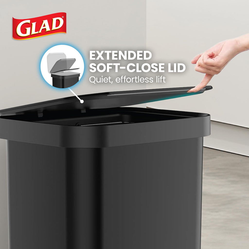 Glad 13 Gallon All Brushed Stainless Steel Trash Can with Clorox Odor Protection | Large Metal Kitchen Garbage Bin with Soft Close Lid, Garbage Bag Rings, Step On Foot Pedal and Waste Bag Roll Holder