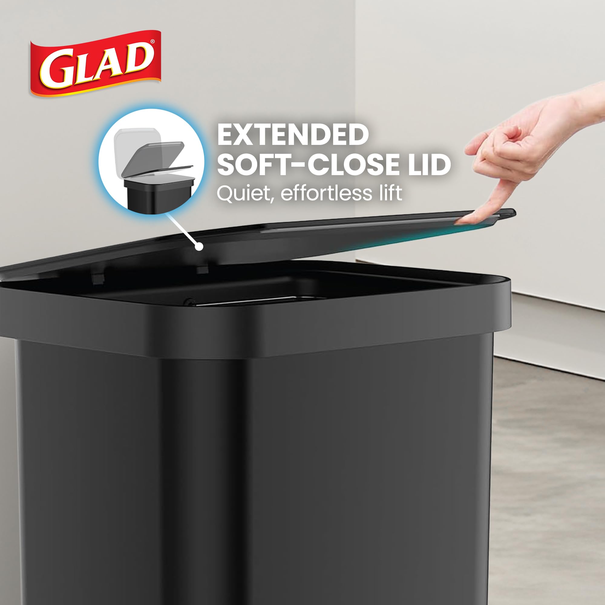 Glad 13 Gallon All Brushed Stainless Steel Trash Can with Clorox Odor Protection | Large Metal Kitchen Garbage Bin with Soft Close Lid, Garbage Bag Rings, Step On Foot Pedal and Waste Bag Roll Holder