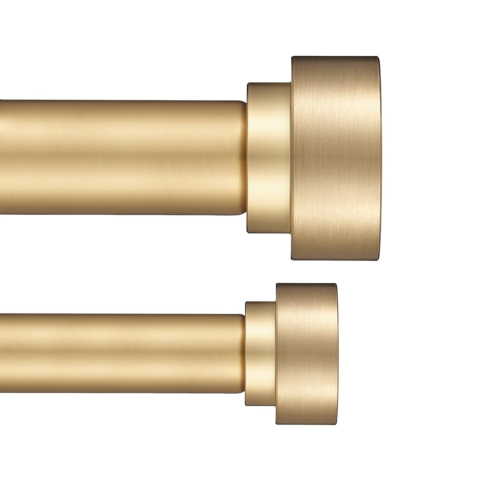 Heavy Duty Double Curtain Rods with Cylindrical Cap Finials - 36 to 72' Telescoping Rods, 1 Inch and 5/8 Inch Diameter, Light Gold