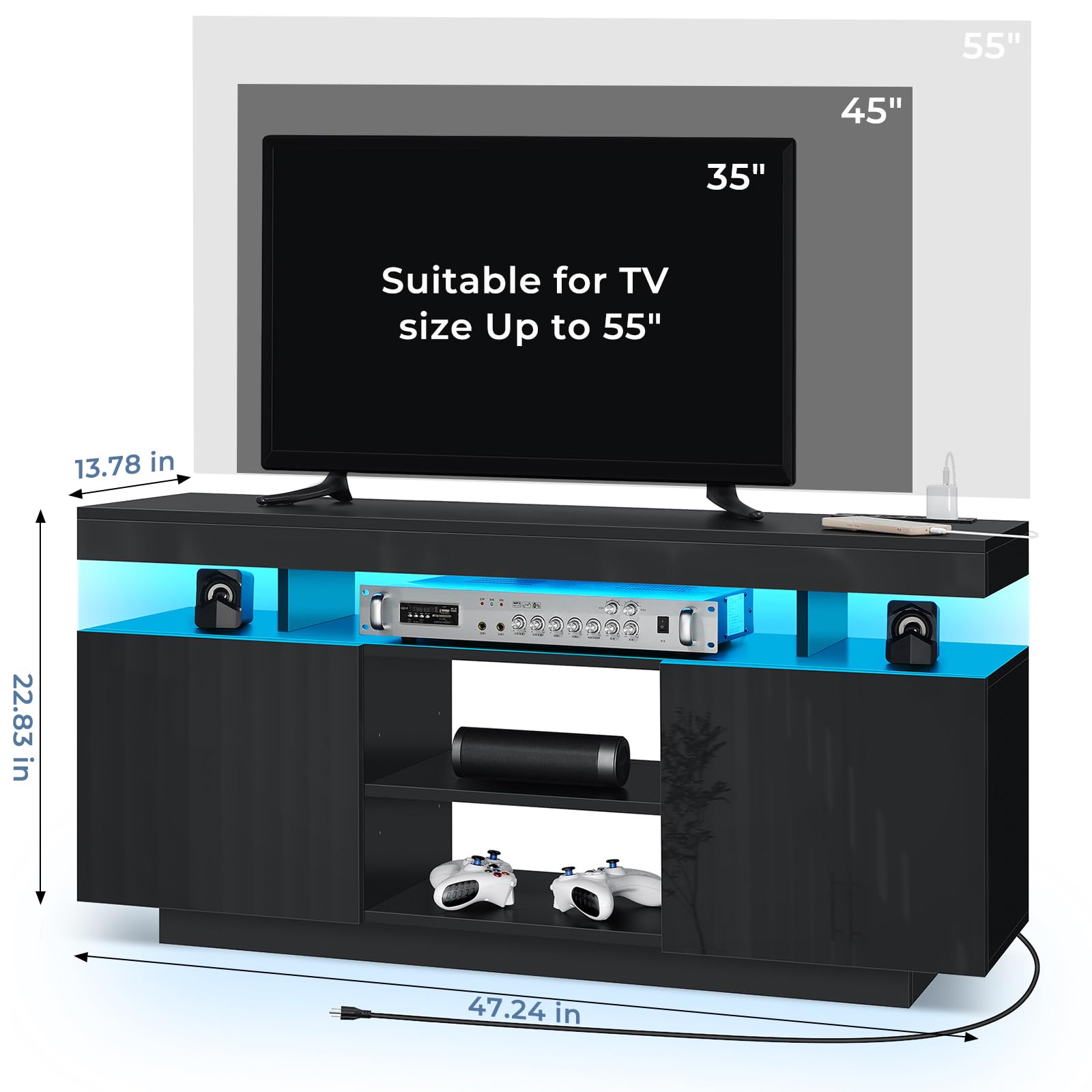 HOMMPA Modern LED TV Stand for 55 Inch TV, Black Tall TV Console with Power Outlet, Entertainment Center with Storage, High Gloss Gaming Media Console Cabinet for Living Room (47 Inch)