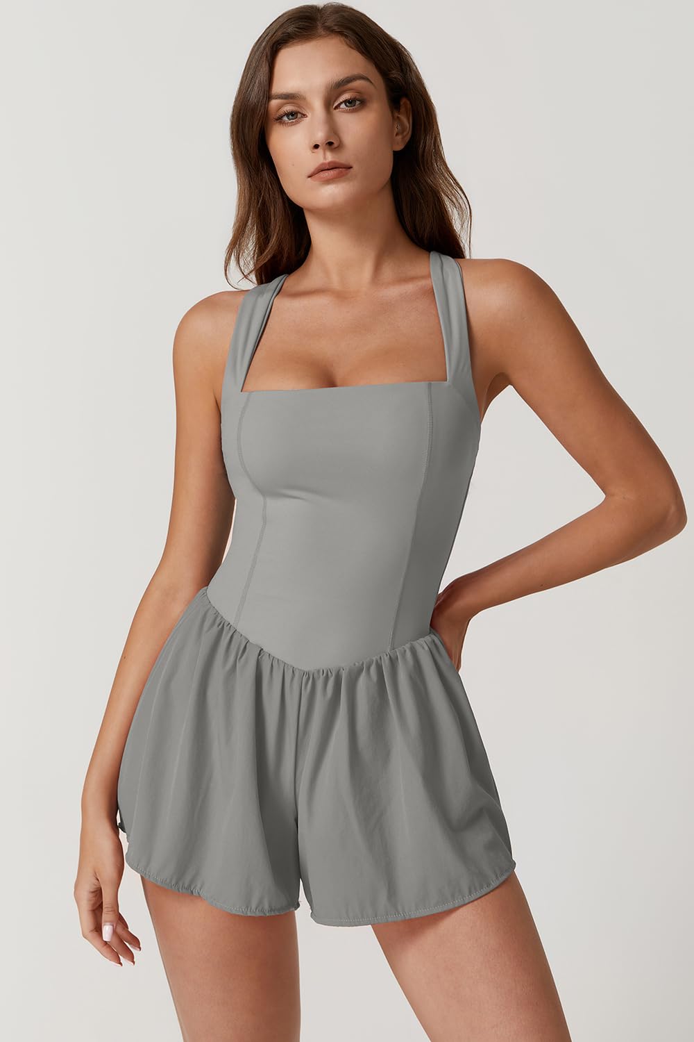 QINSEN Women's Square Neck Sleeveless Romper Jumpsuit Casual Summer One Piece Outfit with Pocket