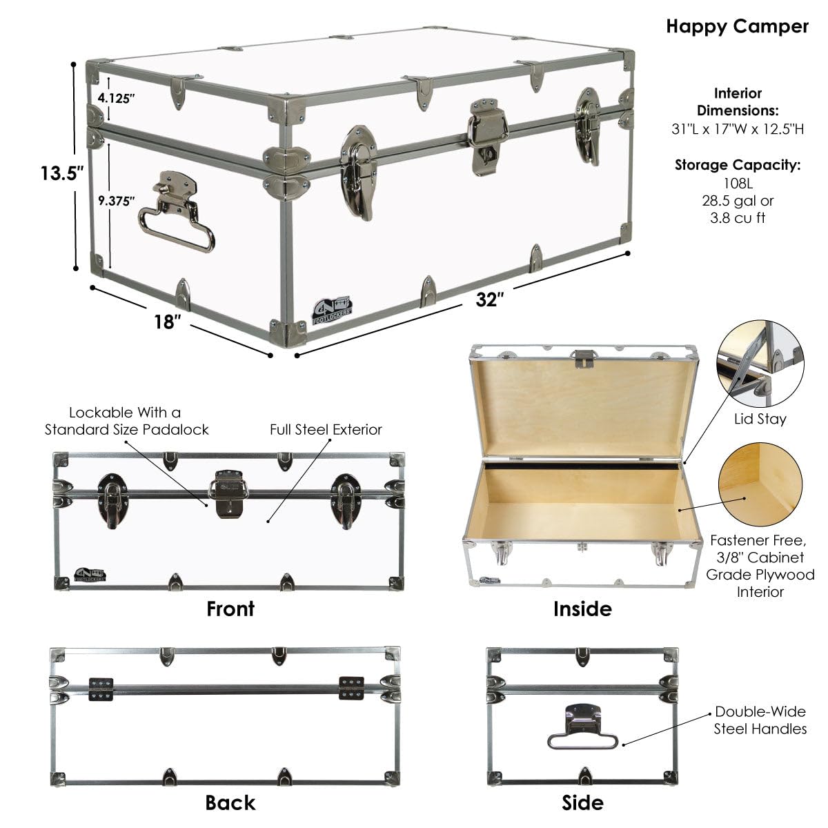 C&N Footlockers - Full-Size Happy Camper Trunk - #1 Summer Camp Trunk - Made in the USA - Steel Footlocker with Lid Stay - 32 x 18 x 13.5 Inches (Dark Green)