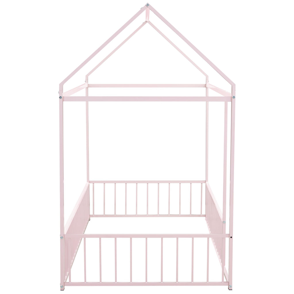 Bellemave Twin Size Montessori Floor Bed, Metal House Bed Framefor Kids, Montessori Floor Beds with Fence, Playhouse for Kids,Black