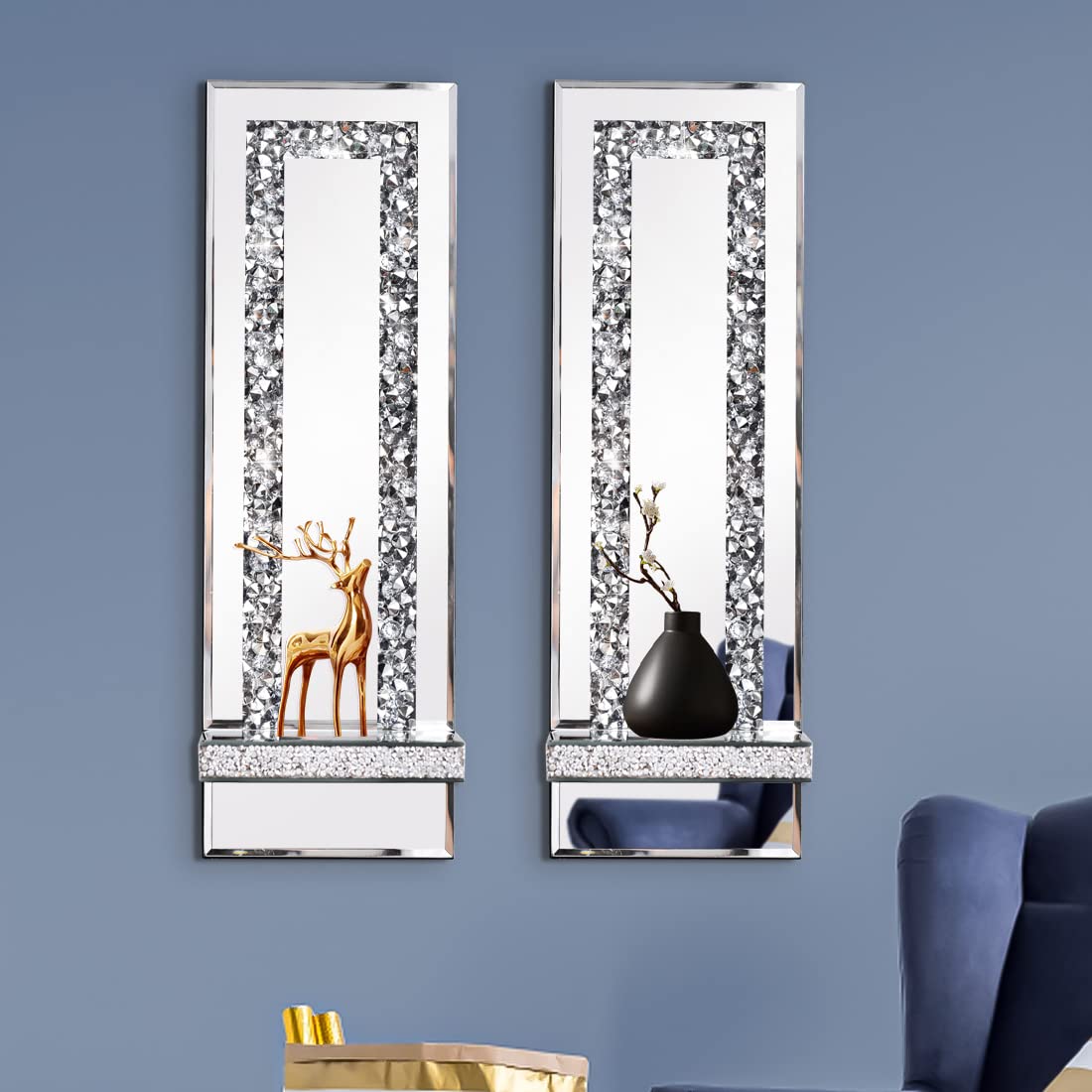 Aeveco Crystal Crush Diamond Mirrored Candle Sconces, Silver Wall Candle Holder Set of 2, Wall Decorations for Living Room，Dining Room (Rectangle (Style 4))