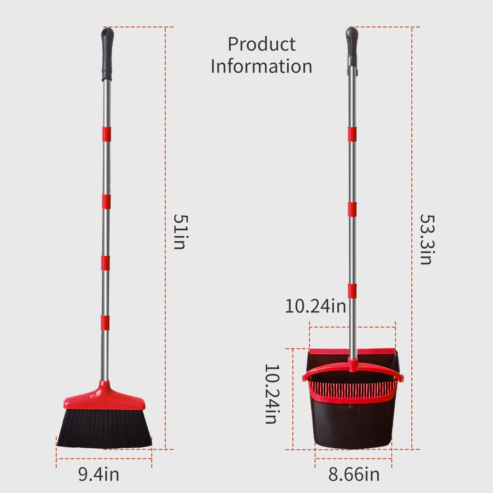 Broom with Dustpan Combo Set 54” Long Handle Household Dust Pan for Home Office Kitchen Cleaning （Black & Grey）