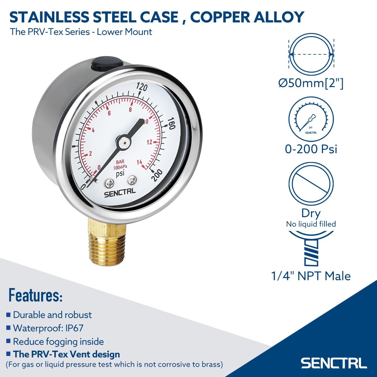 SENCTRL 30inHg Vacuum Pressure Gauge, 2" Dial, 1/8 NPT Lower Mount, Waterproof, Stainless Steel Case, for Tube Tester, HVAC, Pneumatic Air Compressor, Hand Pump, Valve Test