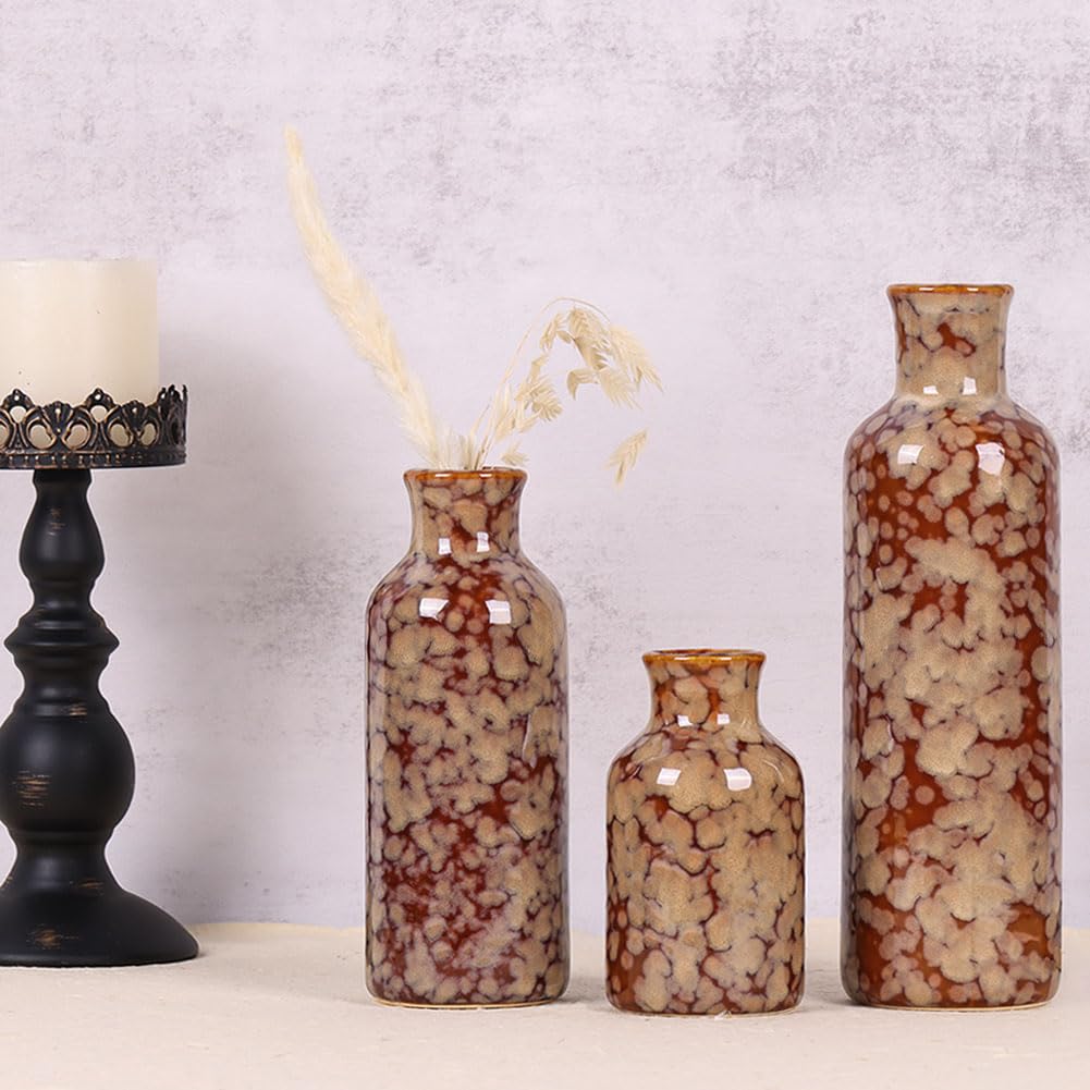 Ceramic Vase Set - 3 Ceramic Small Vases, Farmhouse Country Flower Vase Home Decor, Living Room Decoration, Table Decoration, Fireplace Decor, and Entrance Decorations Centerpieces
