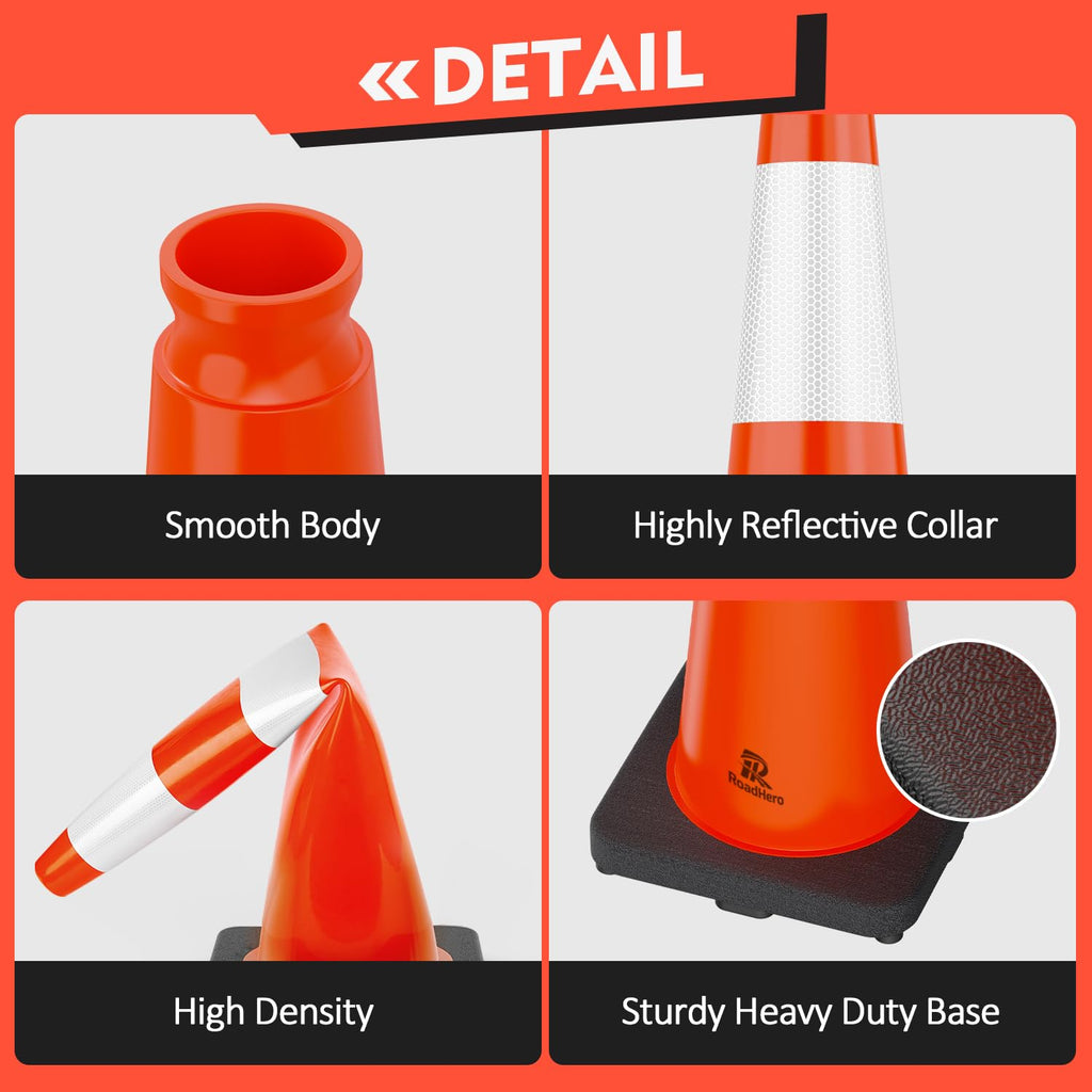 RoadHero 4 Pack Traffic Safety Cones 18 Inch with Black Weighted Base, Plastic PVC Cone, Orange Cones with Reflective Collar, Cones for Parking Lot, Construction Events, Road Safety